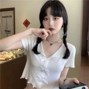 Áo Thun Mẫu Ngắn Đáng Yêu Ôm Dáng Thuần Dục Mẫu Mới Mùa Hè Nữ Tay Ngắn Nơ Bướm Viền Bèo Kiểu Ngọt Ngào Phong Cách Hàn Quốc