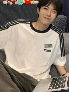 American Retro Three Bars Short Sleeve T-Shirt Mens Summer Fashion Brand Loose Pure Cotton Raglan Half Sleeve T-shirt Top Clothes