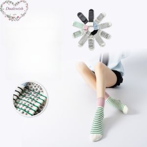 Womens Color Blocked Striped Anti Slip Middle Cylinder Yoga Socks Comfortable Sweat Absorbing Anti Slip Yoga And Pilates Socks