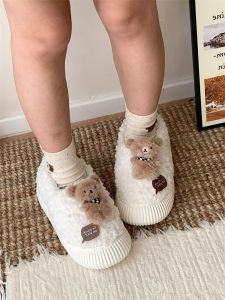 Adorable Bear Scarf Womens Winter Bread Shoes Versatile New Style Casual Warm Retro Lamb Fur Cotton Shoes round Toe Flat Heel
