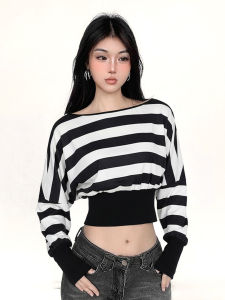 Vintage Black White Striped Asymmetrical Shoulder Long Sleeve T-Shirt Waist Cinched Batwing Sleeve Casual Top for Women