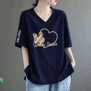 เสื้อยืดแขนสั้นหลวมๆ สำหรับคุณแม่ ทรงหลวม คอวี พิมพ์ลาย ทรงหลวม ไซส์ใหญ่ ลำลอง เทรนด์ฤดูร้อน สำหรับผู้หญิง