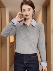 เสื้อสเวตเตอร์ถักแขนยาวสไตล์เกาหลี ทรงเข้ารูป ปกเสื้อ ทรงเข้ารูป สำหรับผู้หญิง ฤดูใบไม้ร่วง 2025 เสื้อชั้นในลายทาง