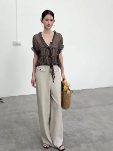 HTMEME | Áo Chiffon Tay Ngắn Cổ V Gỗ Voan Pháp