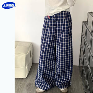 Quần Ống Rộng Phong Cách Mỹ Cổ Điển Cho Nữ Mùa Hè 2024 Quần Ống Rộng Mỏng Màu Xanh Kẻ Caro Dáng Rộng Quần Dài Thường Ngày Quần Ống Rộng