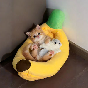 Warm Banana Boat Cat Dog Bed Orange Cat Plush Toy Detachable Washable Pet Nest Blanket Indoor Winter Cartoon Style Universal Size