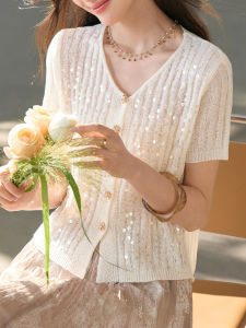 BAIWEISILI | V Neck Lace Hollow Knit T-Shirt Cardigan Thin Ice Silk Top