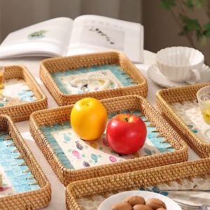 ทอมือ เปลือกหอย ถาดผลไม้ ตะกร้าขนมปัง ตะกร้าอาหารเช้า ตะกร้าขนมปังทรงสี่เหลี่ยมสไตล์ยุโรป ตะกร้าติ่มซํา อุปกรณ์รับประทานอาหาร
