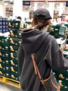 Retro American Deep Grey Hoodie Womens Oversize Spring Autumn Thin Lazy Style Jacket Loose Fit Long Sleeve Cotton Crew Neck