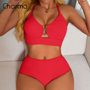 Charmo Push up Ribbed High Rise Bikini Sets Women Large Bust Longline Modest Bikini Swimsuits 2 Piece