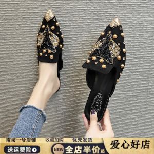 Womens Summer Fashionable Outdoor Slippers Open Toe Diamond Embellished Half Slippers Pointed Head Mules Slip-On Shoes