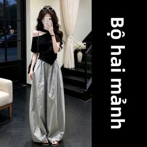 Ge·an·fei | Bộ Hai Món Áo Thun Nữ Hở Vai Tay Ngắn Quần Ống Rộng Mùa Hè