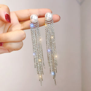 Elegant Long Pearl Diamond Tassel Earrings Women Fashion Statement Thinming Silver Jewelry Korean Style Fresh out