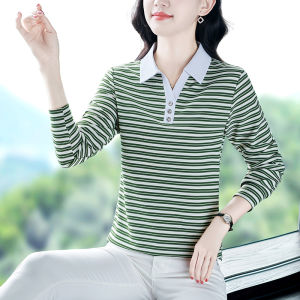 เสื้อยืดคอโปโลผู้หญิงทรงหลวมแขนยาวลายทาง ทรงปกติ ฤดูใบไม้ร่วง 2025 เสื้อผ้าทำงานสไตล์กลางวัน