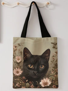 Black cat pattern printed casual handbag reusable fashionable backpack multifunctional handbag canvas shopping bag