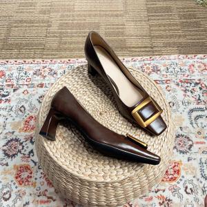 Black Square Head Thick Heel Single Shoes Womens Spring Autumn New Profession Brown Slip-On Retro High Heels Fashionable Commute