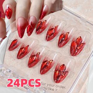 24Pcs Glitter 3D Rhinestones Handmade Fake Nails Red Almond Full Press On Nail for Valentines Day New YearWomen False Nail Tips