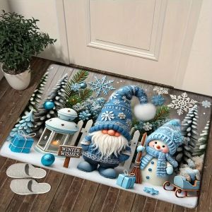 VIKAMA Christmas Doormat Blue Gnome Snowman Winter Wishes Lantern Print Decorative Rug For Entryway Hallway Living Room Decor
