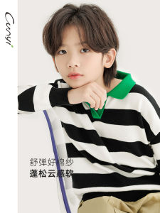 Pure Yilang Childrens Knitted POLO Shirt Spring 2024 New Arrival Middle Large Children Black White Striped Turn-down Collar Sweater