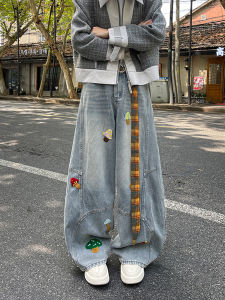 กางเกงยีนส์ทรงหลวมสไตล์อเมริกันสำหรับผู้ชาย กางเกงขายาวทรงหลวมแบบขากว้าง ทรงลำลอง ฤดูใบไม้ร่วง ปักลายธงม้าลาย