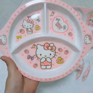 Sanrio Anime Hello Kitty Children Tableware Kawaii Dinner Plate Ladle Cups Bowl Dishes Baby Melamine Safe Feeding Sets Kids Gift