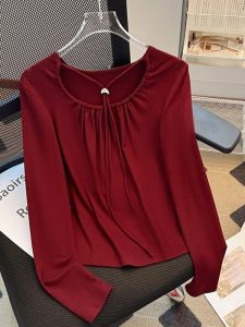 เสื้อยืดแขนยาวผู้หญิงทรงเข้ารูปสไตล์เกาหลี ทรงเข้ารูป คอกลม ทรงสั้น สไตล์เรียบง่าย ผ้าฝ้ายผสมโพลีเอสเตอร์