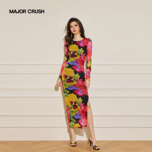 Spring Summer Floral Print Fitted Slit Design Dress