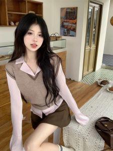 Korean Sweet Style Knitted Vest Top Striped Shirt Half Skirt Three-piece Set College Style Fashion Womens Ensemble Autumn 2024