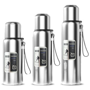 Double-walled 600-1000ml Stainless Steel Travel Mug with Handle Rope for Hot Drinks