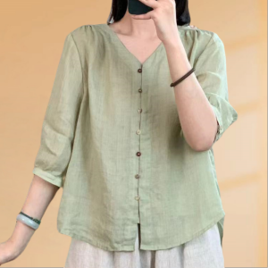 สีบริสุทธิ์ระดับไฮเอนด์ ผ้าฝ้าย ผ้าลินิน เสื้อเชิ้ต ฤดูร้อน บาง หลวม พรางหุ่น เปิด คาร์ดิเกน ดีไซน์ แขนสั้น คอวี สไตล์แม่ เสื้อท่อนบน