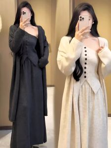 Autumn Winter Knitted Open Cardigan Coat Shoulder Buttoned Top Half Skirt Three-Piece Set Womens Fashion Elegant Long Style