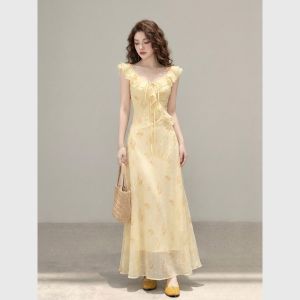 Chiffon Flared Yellow Printed Dress
