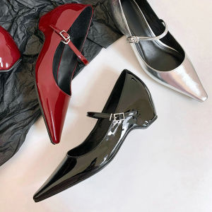 Silver Mary Janes Womens Shoes Spring New Pointed Toe Buckle Strap Increased Height Leather Casual Fashion Flat Heel