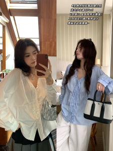 Plus Size Comfortable 100 Cotton Fall V-Neck Ruffle Long Sleeve Shirt with Lace