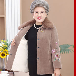 Grandma Winter Coat Thickened Woolen Jacket Womens Mid-Length Casual Style Single-Button Closure Embroidered Pure Color