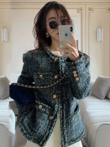 เสื้อแจ็คเก็ตผ้าขนสัตว์ผสมคอตตอนสไตล์เกาหลีสำหรับผู้หญิง เสื้อคลุมกันหนาวสีเขียวหมากรุกคอตตอนผสมสไตล์ฤดูใบไม้ร่วง