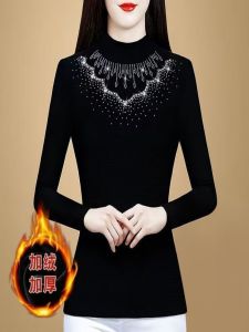 Diamond Embellished Fleece Lined Half High Collar Slim Fit Versatile Glitter Top Korean Style Creative Pattern Long Sleeve T-shirt