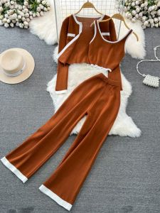 Fashionable Korean Style Long Sleeve Color Block Knitted Cardigan Vest High Waist Slim Straight Leg Pants Three Piece Set