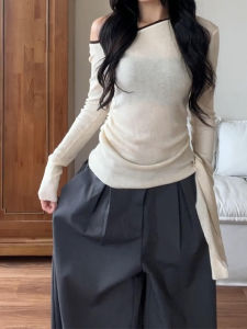 YUEZHONGWEI | Irregular Color Block One-Shoulder Knit Top