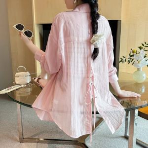 Áo Sơ Mi Chống Nắng Mỏng Thoáng Khí Mùa Hè 2024 Áo Khoác Dài Vừa Phải Có Nơ Bướm Lưng Cho Nữ Áo Sơ Mi Cổ Polo Dài Tay Thường
