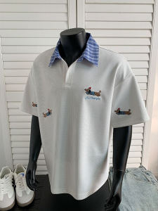 Áo Thun Polo Nam Kẻ Caro Thêu Họa Tiết Chó Mỹ Ngắn Giả Hai Mảnh Dáng Rộng Thường Ngày Mùa Hè Thời Trang