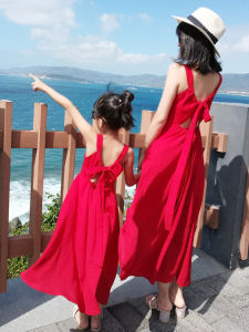 Summer New Red Beach Holiday Parent-Child Matching Backless Dress Mother-Daughter Beach Skirt Elegant Long Dress Mini Dress