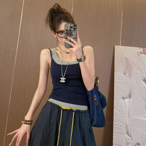 Áo Ba Lỗ Không Tay Phong Cách Mỹ Màu Tương Phản Giả Hai Mảnh Mùa Hè Mặc Trong Ngoài Áo Chui Đầu Bó Sát Che Đi Bắp Chân Cho Nữ