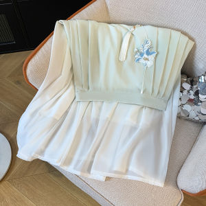 Thêu Tua Rua Thanh Lịch Phong Cách Trung Hoa Mới Treo Treo Váy Midi Dài Không Đều Cạp Cao Chất Liệu Polyester Mùa Hè 2025