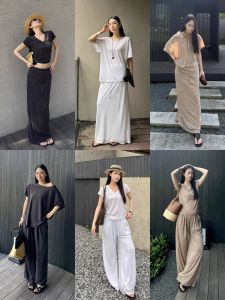 Lightweight Knit T-Shirt and Linen Wide Leg Pants Skirt Set