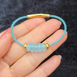 Q2342 Vòng ngũ điếu đá Aquamarine xanh dương dây cáp khóa bấm Thủy và Mộc - Phong Thuỷ TUDO P