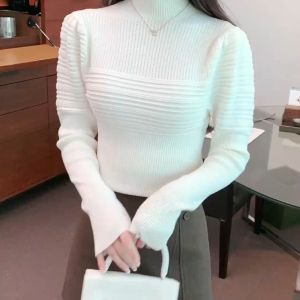 FRAN Half High Neck Long Sleeve Knit Top Women Bubble Sleeves New Autumn Winter Bottoming Shirt