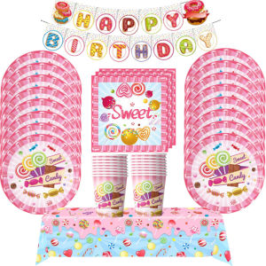 Sweet Lollipop Theme Tableware Sets Disposable Candy Plates Cups Tablecloth Girls Birthday Party Decorations Kids Baby Shower