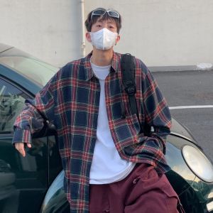 Red Gingham Long Sleeves Shirt Mens Autumn American Retro Trendy Vintage Vintage Shirt Couple Wear Outwear