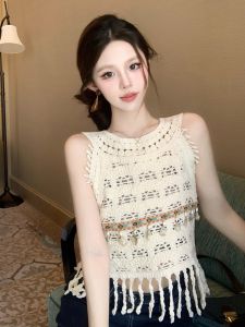 GUZILIAN | เสื้อกั๊กถักแขนกุดผู้หญิงสไตล์โบฮีเมียนฤดูร้อน ทรงเข้ารูป สไตล์เกาหลี ปกโปโลสีพื้น ไม่มีซิป ผ้าฝ้ายผสมโพลีเอสเตอร์